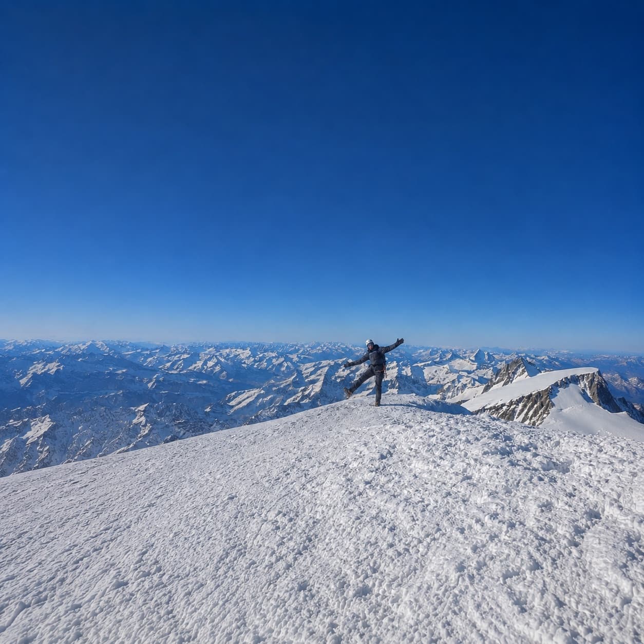 A mountaineer celebrating on a snowy summit above a sea of peaks